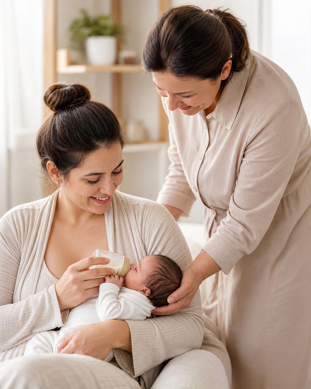 Mãe com bebê recebendo apoio especializado de uma consultora de amamentação em ambiente acolhedor
